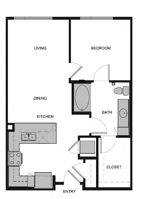 Floor plan for 1 bed, 1 bath, 709 sqft
